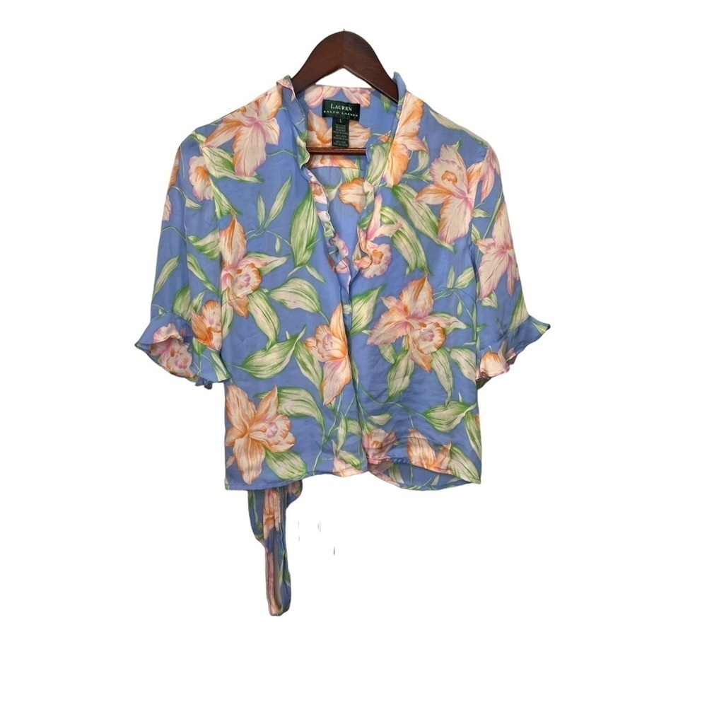 Lauren Ralph Lauren Silk Hawaiian Floral Wrap Shirt Size Large 100% Silk